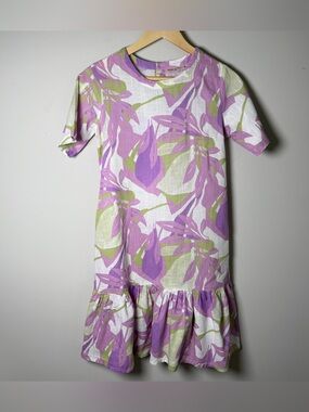 Bombay & Paisley Tropical Leaf Drop Waist Dress Lavender Cottagecore Vacation XS